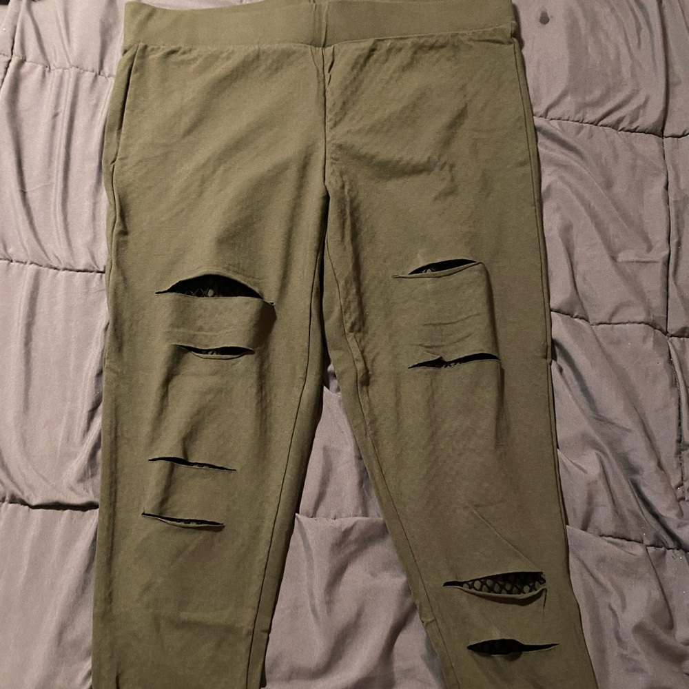 Olive Green Distressed Fishnet Panel Leggings - Women - Picture 2 of 4